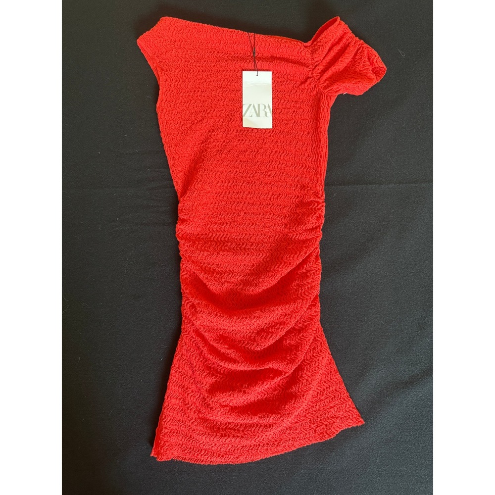 Zara One Shoulder Mini Dress Womens Small Red NEW Textured Ruched Bodycon